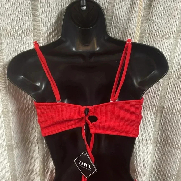 ZAFUL Women Strapless Bikini Lace Up Ribbed High Cut Bandeau 2 Piece Swimsuit - Picture 5 of 10